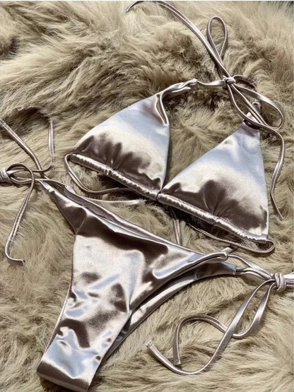 Halter Brazilian Metallic Satin Bikini Women Swimwear Female Swimsuit Two-pieces Bikini Set High Cut Bathing Suit Swim Beachwear