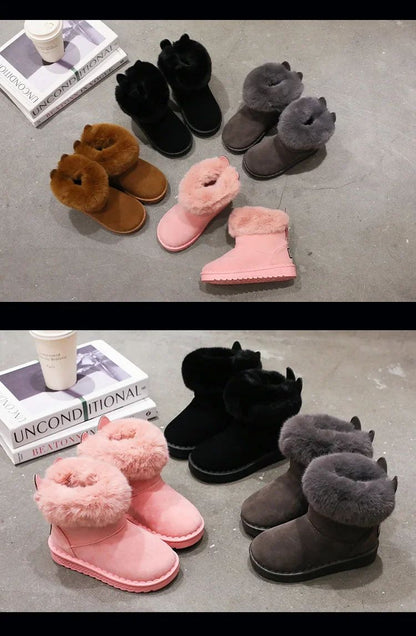 Kids Genuine Cowhide Snow Boots Winter Baby Soft Warm Cotton Shoes with Plush Boys Girls One Fur Suede Boots Princess Retro Boot