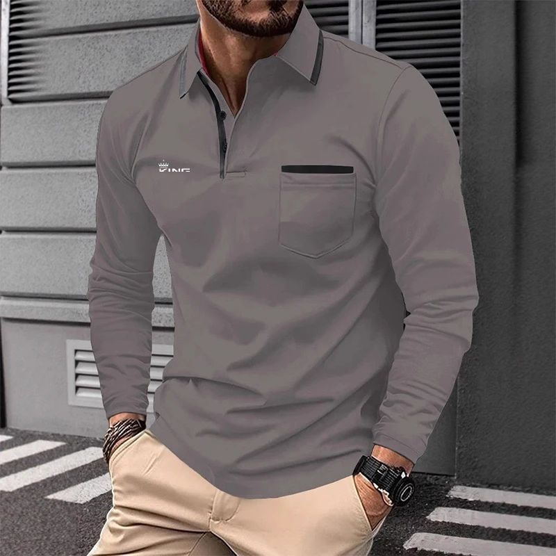 Autumn men's casual long sleeved polo shirt with pockets, fashionable street trend, regular solid color elastic breathable