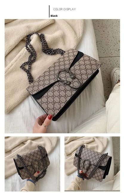 Women Stylish Retro Print Shoulder Crossbody Bag Fashionable Chain Underarm Purse Medium Hardness Polyester Lining