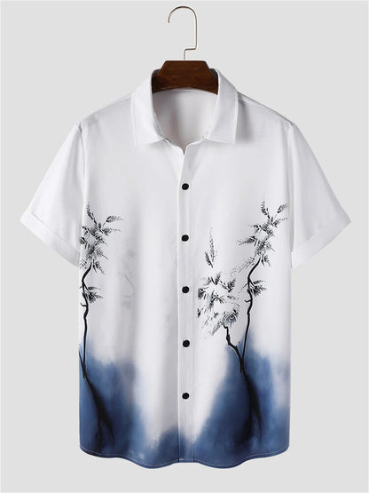 Chinese Ink Style Print Men's Shirt Hawaiian Beach Casual Men's Lapel Top Large Size Comfortable Men's Short-sleeved Shirt