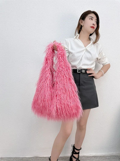 2025 NOVAS Bolsas de Ombro Pelúcia Lã Femininas Y2k Hot Girls Bolsa Saco com Cordão de Pele Sintética Moda Feminina Bolsas de Mão Peludas Tote