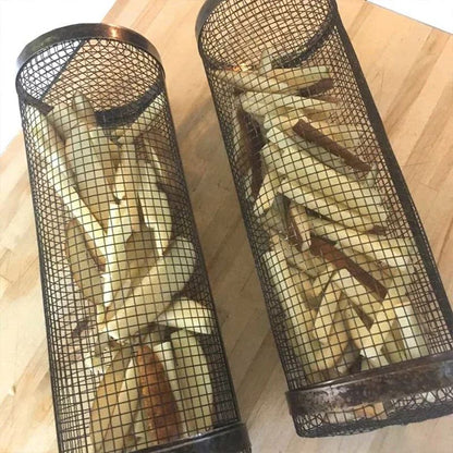 High - Quality Circular Stainless Steel Rolling BBQ Basket - Sturdy Wire Mesh Cylinder - Ideal for Outdoor Camping Barbecuing