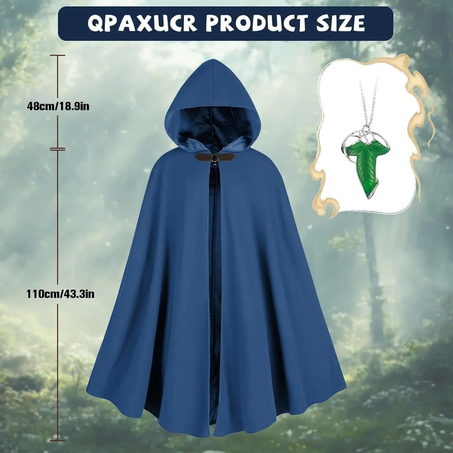 Cloak with Hood Men?Medieval Costume Men Round Metal Buckle Cloak with Green Leaf Brooch Necklace for Halloween