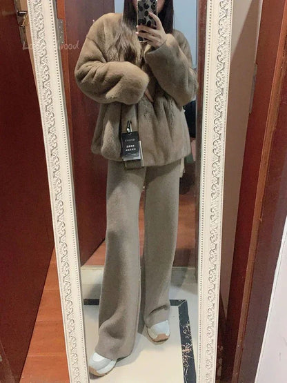 Autumn and Winter Temperament Wool High Waist Loose Wide Leg Pants Women's Cloud Casual Soft Waxy Wool Straight Trousers