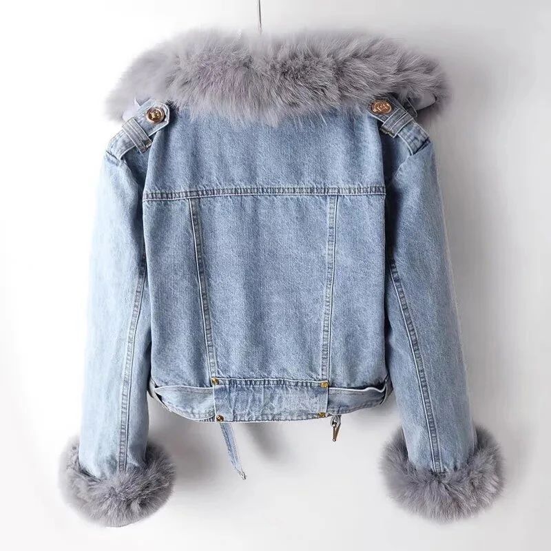 Women Faux Fox Fur Collar Jean Coat Winter Denim Jacket Female Short Warm Parkas Rabbit Hair Lining Outwear Fashion Overcoat