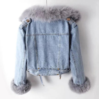 Women Faux Fox Fur Collar Jean Coat Winter Denim Jacket Female Short Warm Parkas Rabbit Hair Lining Outwear Fashion Overcoat