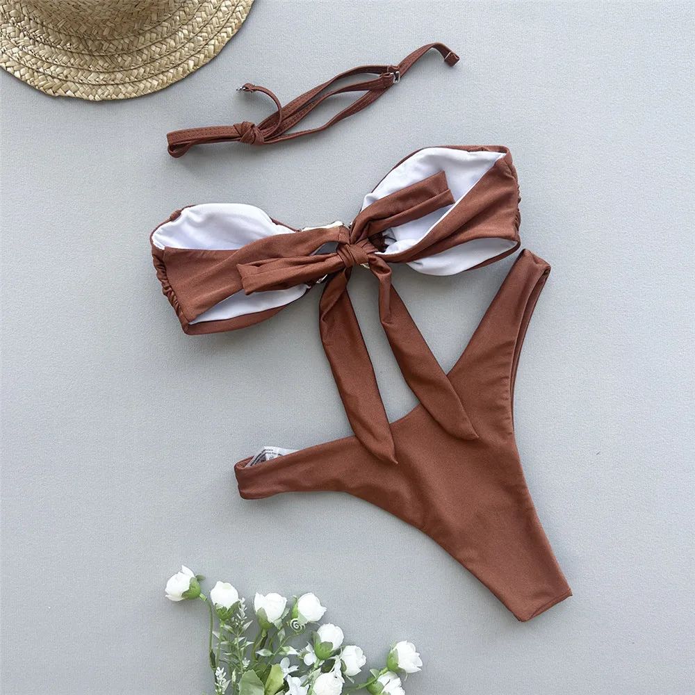 Solid Pink Bandeau Micro Bikini Thong Metal Ring Sexy Swimsuit Women Holiday Ladies Swimwear High Cut Bathing Suit Bikinis Sets