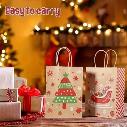 Christmas Kraft Gift Bags with Handles Snowman Santa Tree Designs Geometric Pattern Paper Tote Bags Party Xmas Decoration