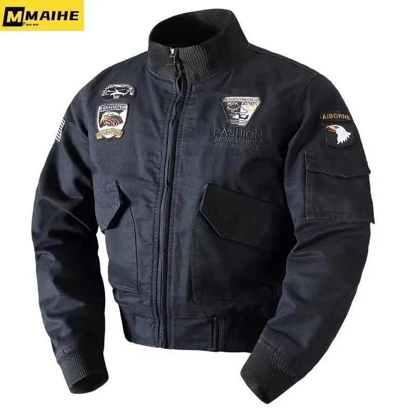 Retro Bomber Jackets Men Autumn Spring Embroidery Airplane Pilot Cargo Jackets Male Stand Collar  Embroidery Tactical Coats