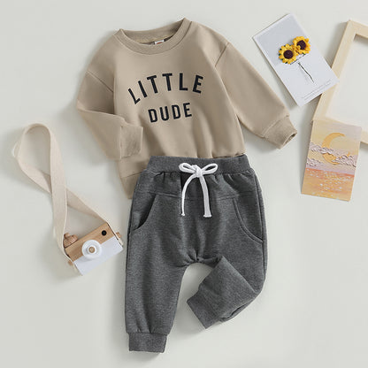 Roupas de Outono Inverno para Bebês Meninos, Conjunto de 2 Peças de Moletom de Manga Comprida com Estampa de Letra "Little Dude" e Calças