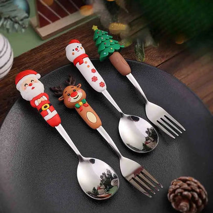 4PCS Christmas Cutlery Set Silver Spoon Fork Set Elk Christmas Tree Decoration Dessert Scoop Cake Fork Silverware Coffee Spoon
