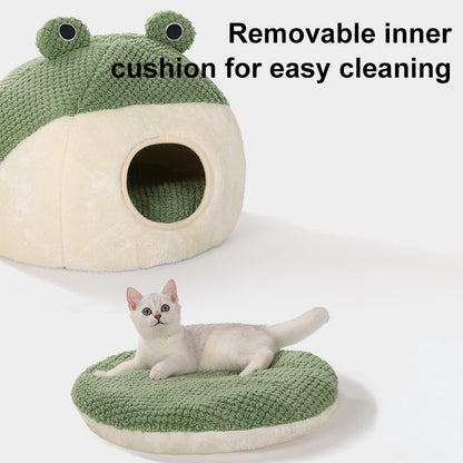 Nova Cama para Animais de Estimação Inverno Quente Toca para Cão Gato Vilinha Pelúcia Colchão para Pets Pequeno Formato Sapo Semi-Fechada Casa para Gatinhos Filhotes Suprimentos para Animais de Estimação