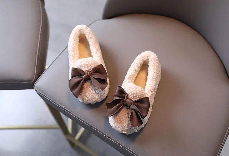 Girls Winter Shoes Cotton-padded Warm Cotton Fur Fluffy Children Flats Kids Loafers Slip-on Princess Sweet Anti-slippery Bowtie