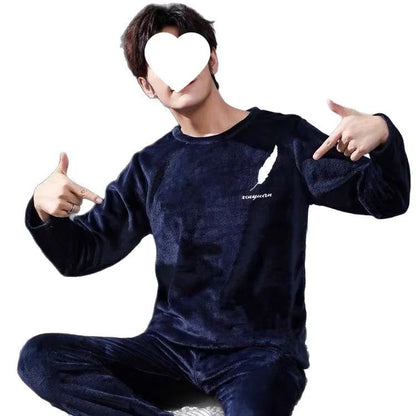 Thickened Flannel Sleepwear Set for Men Winter Home Clothes Coral Fleece Lined Autumn Winter Style Overhead Mens Nightgown