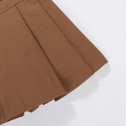 Brown Belted Mini Skirt Low Waisted Pleated Skirt with Belt Women Academia Aesthetic Vintage Outfit