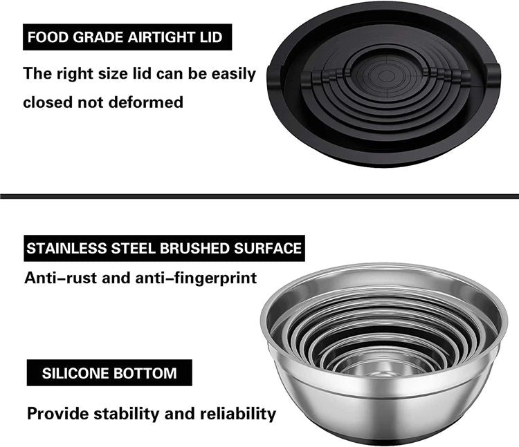 Silicone base thickened with lid cooking basin anti slip salad mixing bowl stainless steel egg beater bowl for kitchen baking
