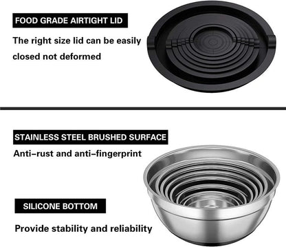 Silicone base thickened with lid cooking basin anti slip salad mixing bowl stainless steel egg beater bowl for kitchen baking