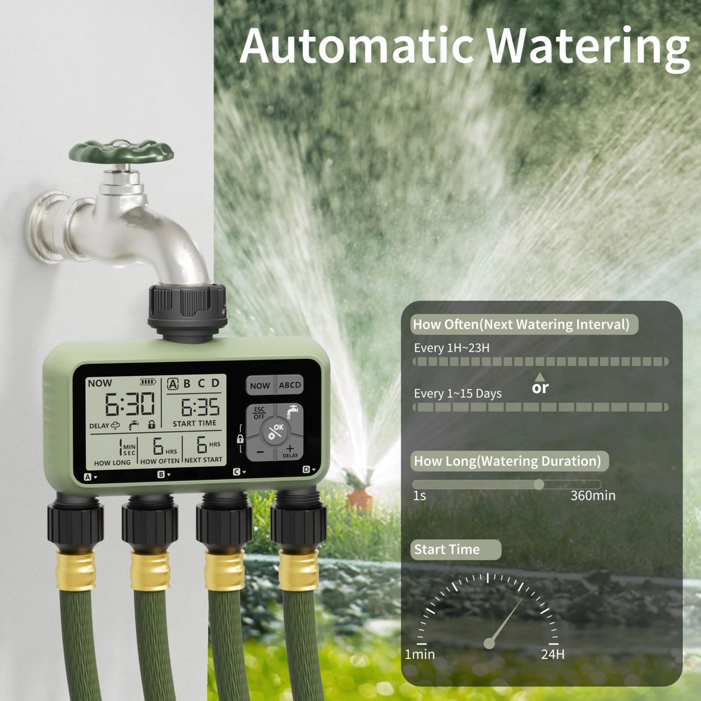 Diivoo Water Timer 4 Zone Garden Programmable Automatic Irrigation Timer with Rain Delay Manual/Auto Mode Watering for Lawn Yard