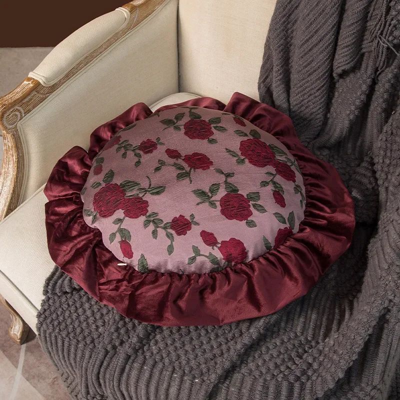 Removable Washable American Light Luxury Sofa Flower Pillow Homestay Round Cushion Retro Ruffle Edge Red Pillow  Throw Pillows
