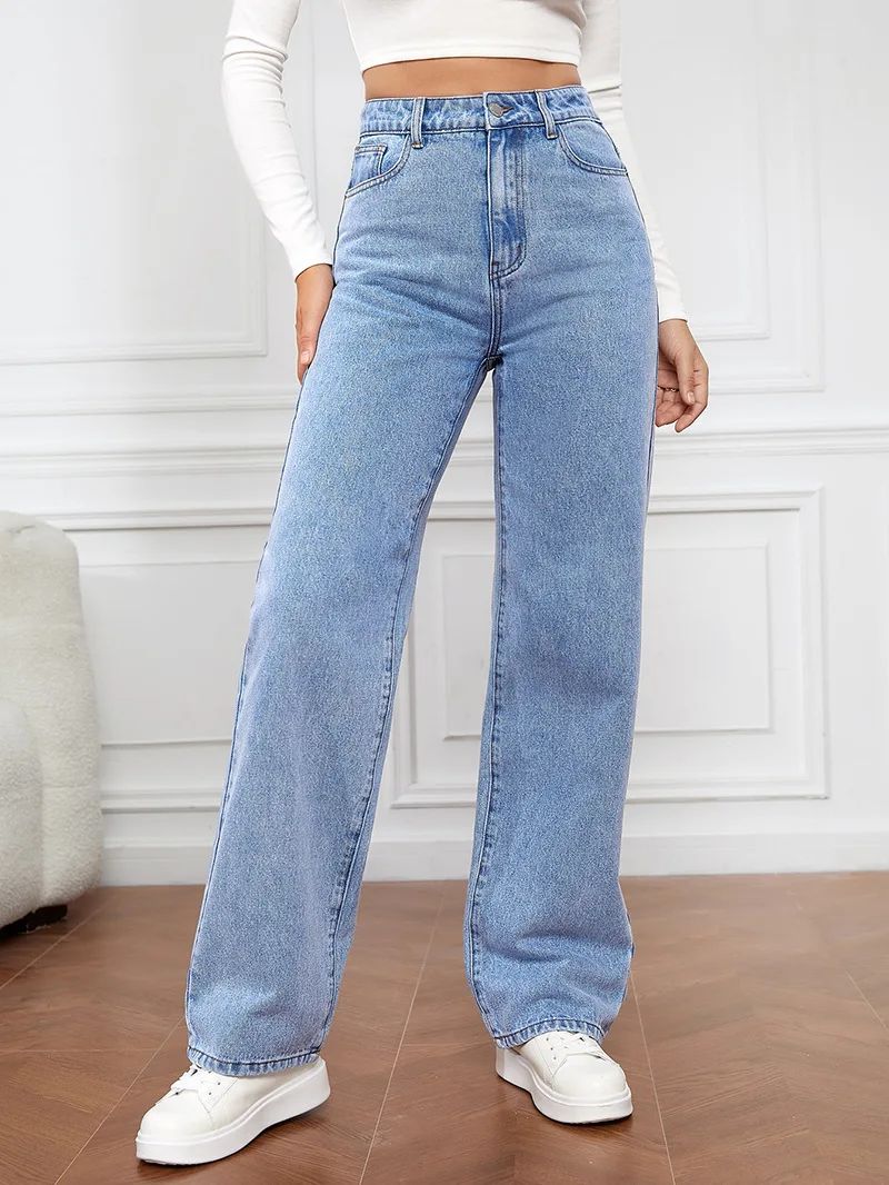High Waist Straight Leg Jeans for Women New Style Cross-Border High Waist Slim Fit Long Jeans Trendy Women's Denim Pants