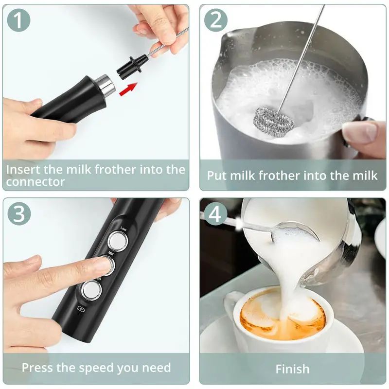 Espumador de Leite Elétrico Sem Fio Recarregável - 3 Velocidades, Batedor de Espuma Portátil para Latte, Cappuccino, Chocolate Quente - Recarregável por USB