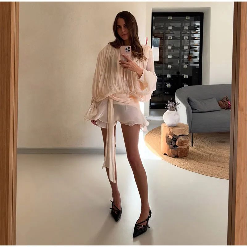 Elegant Ruffles Shiny Mini Dresses Fashion Solid Long Sleeve Lace Up V Neck Plea