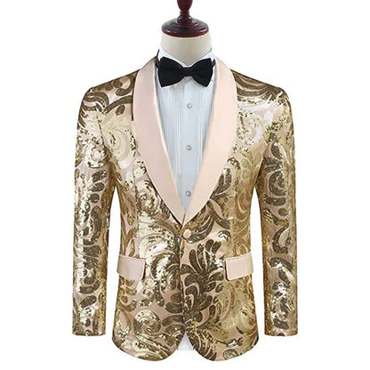 2025 Men's Shiny Gold Sequins Blazer Stylsih Shawl Collar One Button Tuxedo Floral Suit Jacket Party Wedding Groom Costume Homme