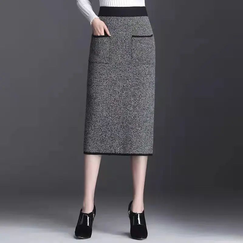 New Style Gold Mink Cashmere Elastic High Waist Office Lady Knee-length Skirts Solid Split Fork Hip Wrap Skirt High Elasticity