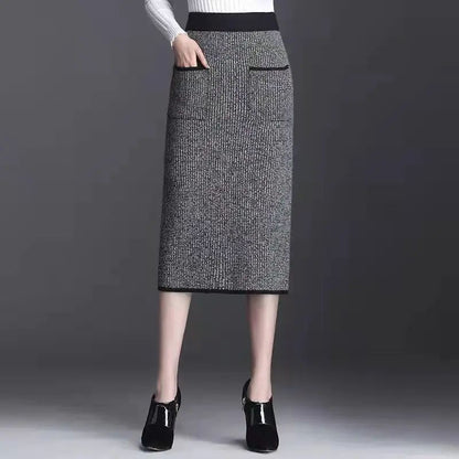 New Style Gold Mink Cashmere Elastic High Waist Office Lady Knee-length Skirts Solid Split Fork Hip Wrap Skirt High Elasticity