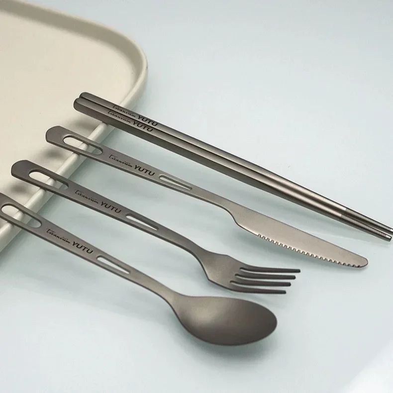 ortable Pure Titanium Tableware Set Lightweight Ti Camping Utility Cutlery with Carrying Bag for Traveling Picnic Hiking