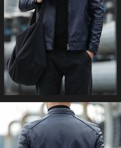 Men's Fleece Lined Biker Jacket Stand Collar Casual Versatile Spring Autumn Leather Coat for Students Fashionable Outerwear