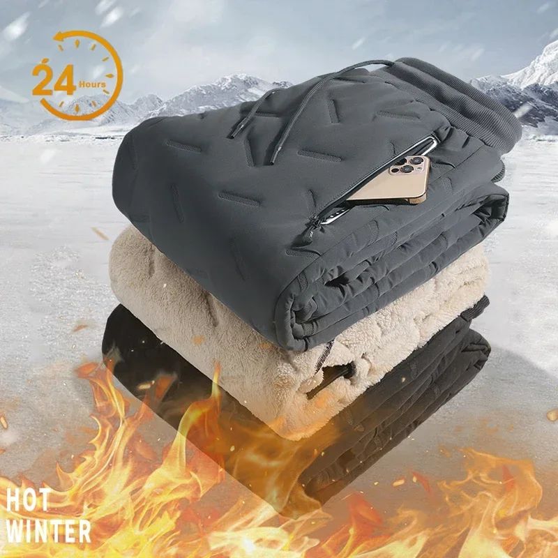 7xl Winter Down Cotton Pants Men's Casual Waterproof Zipper Pocket Thickened Wool Warm Pants Jogger Outdoor Cold-proof Ski Pants