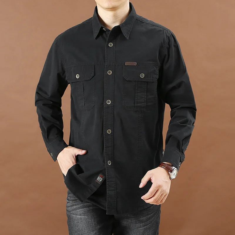 Men Loose Long-sleeved Shirt. New Solid Color Shirt for Middle-aged and Young People in Europe and America in Spring and Autumn