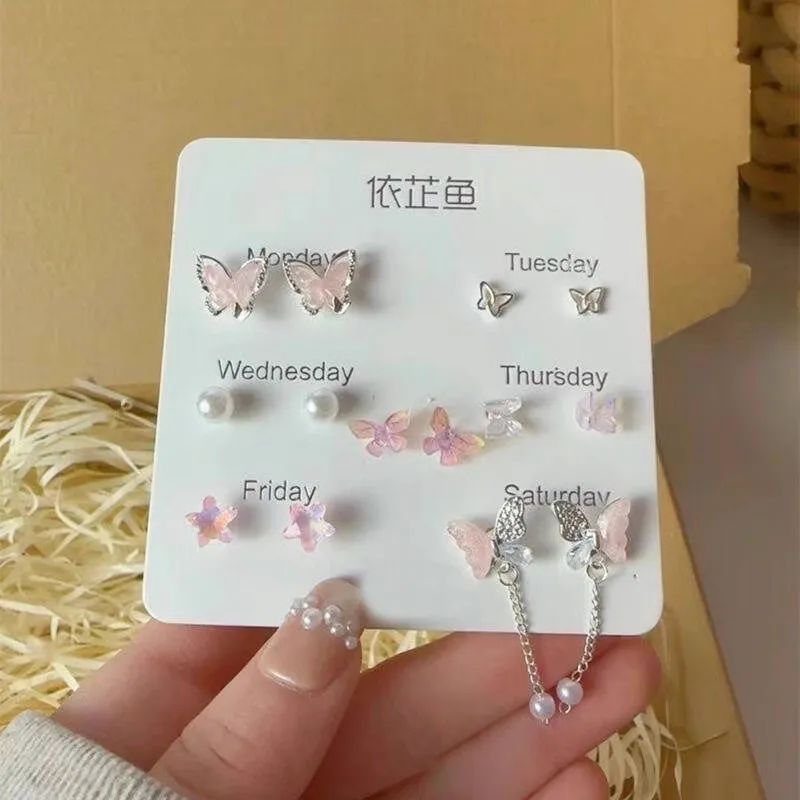 Brincos de Borboleta com Flores Coloridas, Conjunto de Sete Peças para Mulheres, Acessório Diário Personalizado, Joias de Festa, Presentes de Aniversário