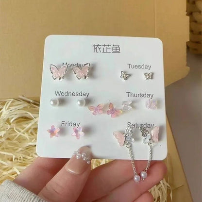 Brincos de Borboleta com Flores Coloridas, Conjunto de Sete Peças para Mulheres, Acessório Diário Personalizado, Joias de Festa, Presentes de Aniversário