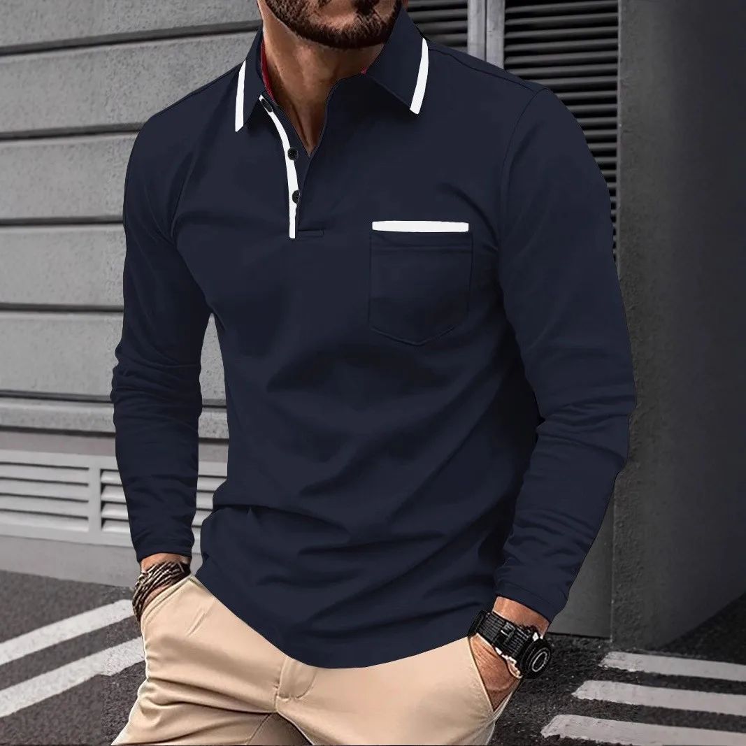 Autumn men's casual long sleeved polo shirt with pockets, fashionable street trend, regular solid color elastic breathable