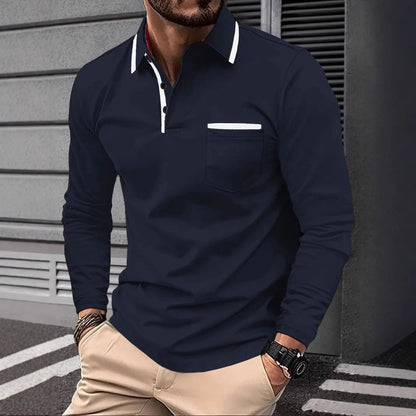 Autumn men's casual long sleeved polo shirt with pockets, fashionable street trend, regular solid color elastic breathable