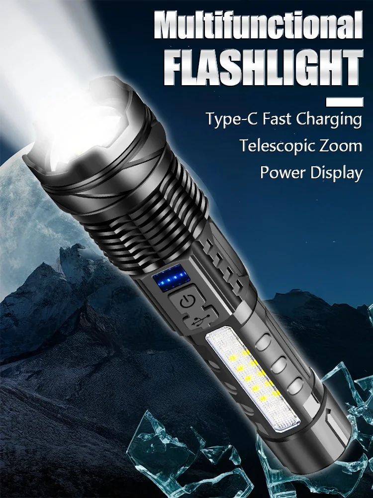 High Power LED Flashlight Powerful USB Rechargeable Zoomable Flashlight with COB Side Light Torch for Outdoor Camping Hiking