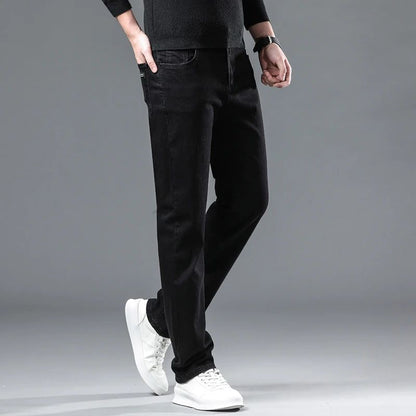 2025 New Winter Men Black Straight Stretch Denim Thick Velvet Pants Warm Jeans Casual Fleece Line Trousers Male Plus Size