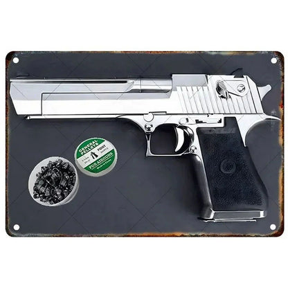 GUNHERO Pistol Metal Wall Signs - Bold Military Style - Perfect Decor for Man Caves, Homes, Bars & Garden Spaces