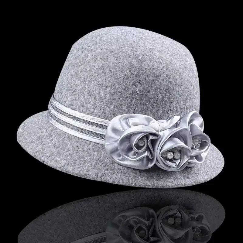 Autumn Winter NEW Wool Formal Hat Women’s  Hat Church Hat Fisherman Hat Rose Blossoms Pearl Elegant Fashion Versatile