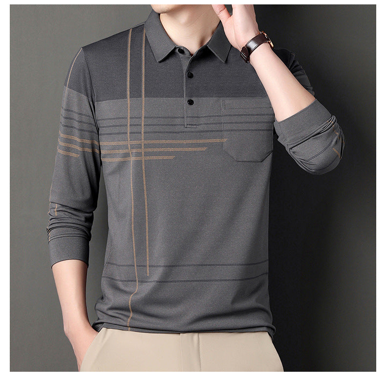 New Men's Polo Shirt Long-sleeved Polos Shirt Lapel Fashion Spring and Autumn Thin Shirt Casual Loose Tops Striped Streetwear