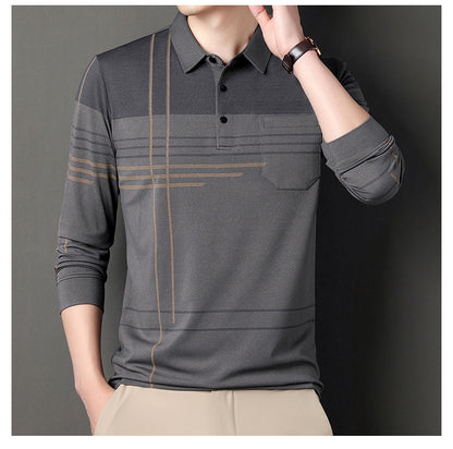 New Men's Polo Shirt Long-sleeved Polos Shirt Lapel Fashion Spring and Autumn Thin Shirt Casual Loose Tops Striped Streetwear