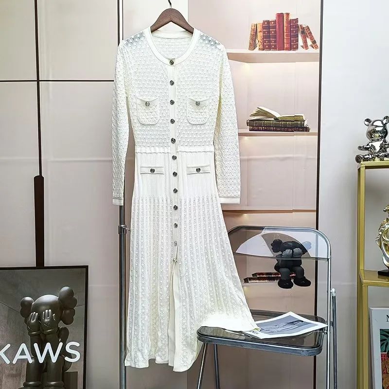 Hollow out Long Knitted Summer Dress round Neck Seven Sleeve Bodycon Skirt Slimming Effect Empire Waist Maxi Dress