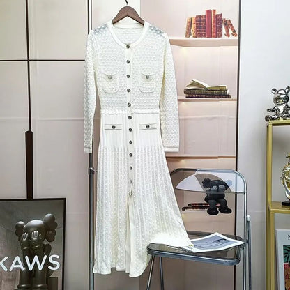 Hollow out Long Knitted Summer Dress round Neck Seven Sleeve Bodycon Skirt Slimming Effect Empire Waist Maxi Dress