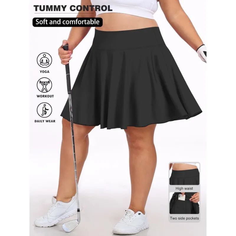 Plus Size Women with Pocket Short Skirt Fitness Short Skirt High Waist Fashion 200lbs Sports Short Skirt Gym Outdoor Solid Skirt