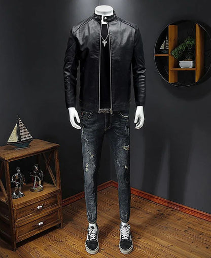 Men's Biker Leather Jacket Autumn Winter Thickened Fleece Casual Versatile Slim Fit Large Size PU Leather Coat