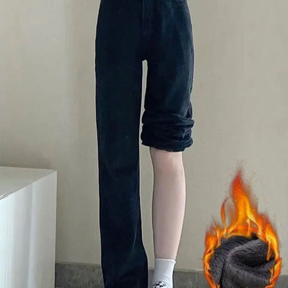 Thickened Fleece Lined Retro Women's Wide Leg Jeans Winter New Style Hong Kong Flavor Small Size Straight Cut Warm Trousers