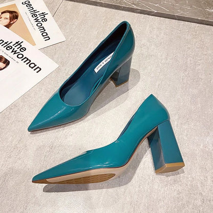 Women Shoes Patent Leather Slip-On Chunky Heels High Heels Women Temperament Pointed Toe Shallow Sexy Wedding Shoes Pumps